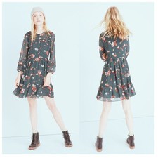NEW MADEWELL Long Sleeve Pintuck Ruffle Mini Dress "Spruce Blooms" Women Size 14