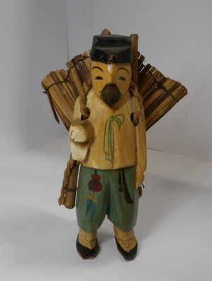 Carved Handpainted Figure Asian Man Farmer Traveler Backpack Wood Statue