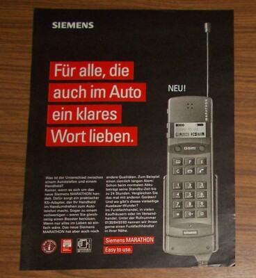 Seltene Werbung SIEMENS MARATHON Mobiltelefon Handy - Klares Wort im Auto 1994