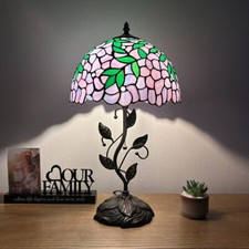 Tiffany Style Table Lamp Purple Stained Glass Green Leaves LED Bulb Include H22  