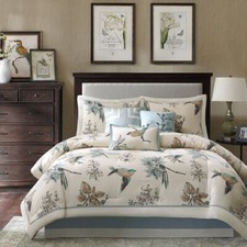 Comforter Set King Nature Pattern Brown Blue Bird Leaf 7 Piece Bedding Cover