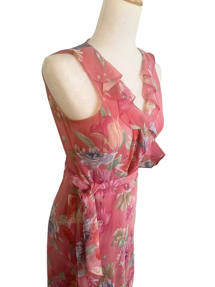 Vestido Lauren Ralph Lauren 100% Seda Para Mujer 4 Rosa Floral Volantes Maxi Envoltura Y2K Foto 3 de 4