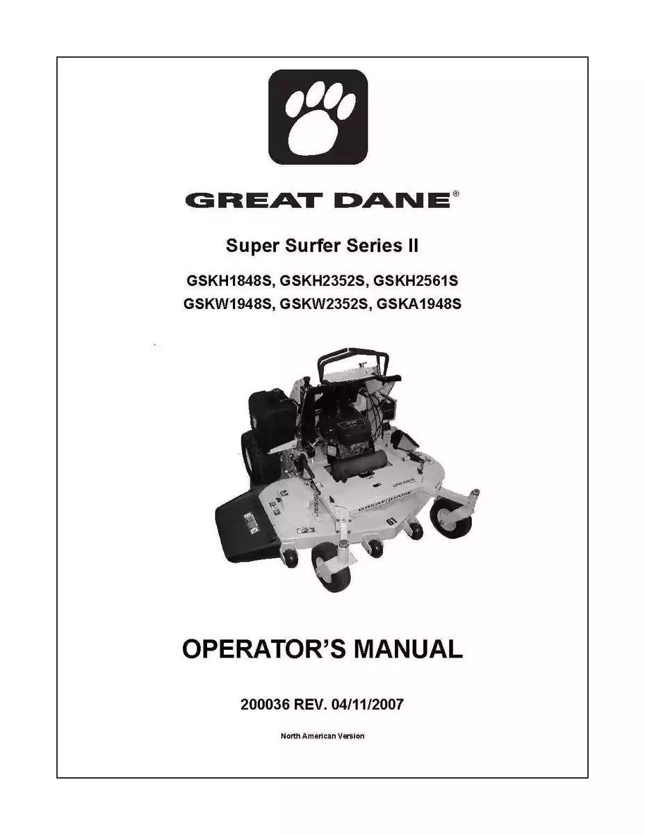 Operator & Parts Manual Fits Great Dane Super Surfer Series II