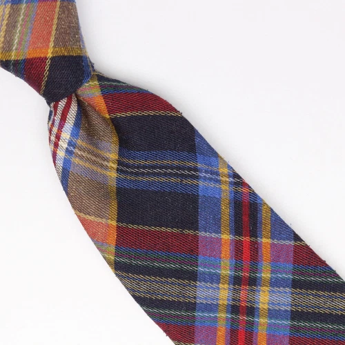 John G Hardy Mens Slub Silk Necktie Gray Beige Blue Red Plaid Weave Woven Italy
