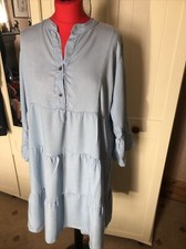 NEW COLLECTION Italy Ladies Knee Length Tiered Dress Size 12 Pale Blue Chambray