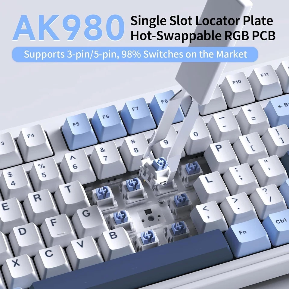 NACODEX Ajazz AK980 Blue White Wireless Mechanical Gaming Keyboard,Tri-Mode BT5. - Image 3 of 4