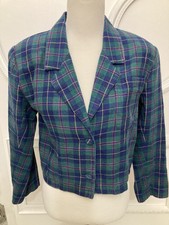 Vtg Crop Blazer Plaid Blue Green M Gitano Pads Baggy Y2k Preppy Schoolgirl 80s