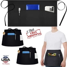 2× Half Bib Waist Apron 3 Pocket Waitress Waiter Server Workwear Apron Unisex US