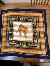 Vintage Leopard Wild Cat Scarf Navy Blue, Gold, Black, White Retro Glam 40"