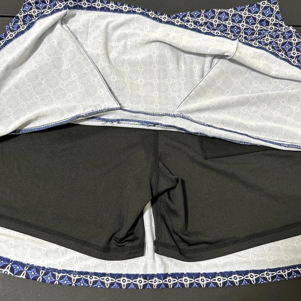 Women's Blue Geometric Tennis Skort with Hidden Pocket – Stretchy & Comfortable – Size Large – Asian Fit