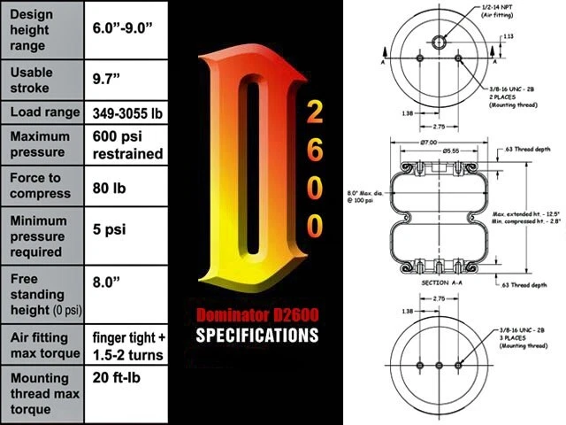 2 Air Lift Dominator D2600 Bags Single Port 1/2"npt Air Ride Suspension Springs  - Image 3 of 4