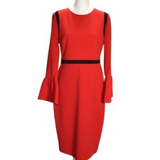 Calvin Klein Bell Sleeve Dress Women 10 Red Bold Party Contrast Trim Sheath