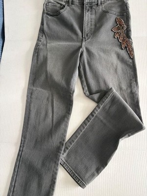 Express Slim Super High Rise Gray Jeans Embellished Straight Leg size 6R 
