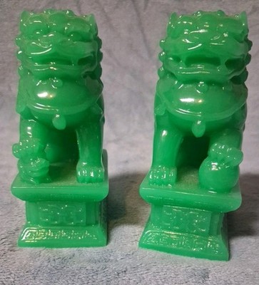 Pair Fu Foo Dog Guardian Lion Figurines Feng Shui Prosperity Statues Green 4''