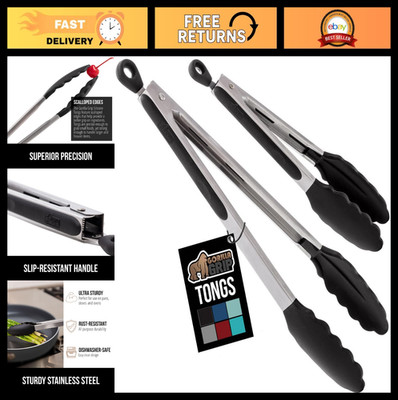 Stainless Steel Heat Resistant Kitchen Tongs Set of 2 - Non-Scratch Silicone Tip