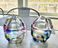 Hand Blown Rainbow Swirl Art Glass Oil Lamps Set of 2