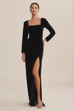 NWOT Womens Jenny Yoo Rachel Stretch Velvet Gown Black Sq Neck Slit Sz 10 $298