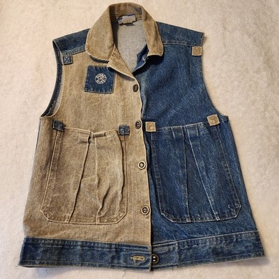 Vintage 80s Sunset Blues Womens M Two Tone Denim Blue Tan Colorblock Jean Vest