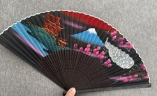 VTG Japanese Hand Fan: Mt Fuji/Pagoda/Flowers Peacock Hand-painted Silk/Wood