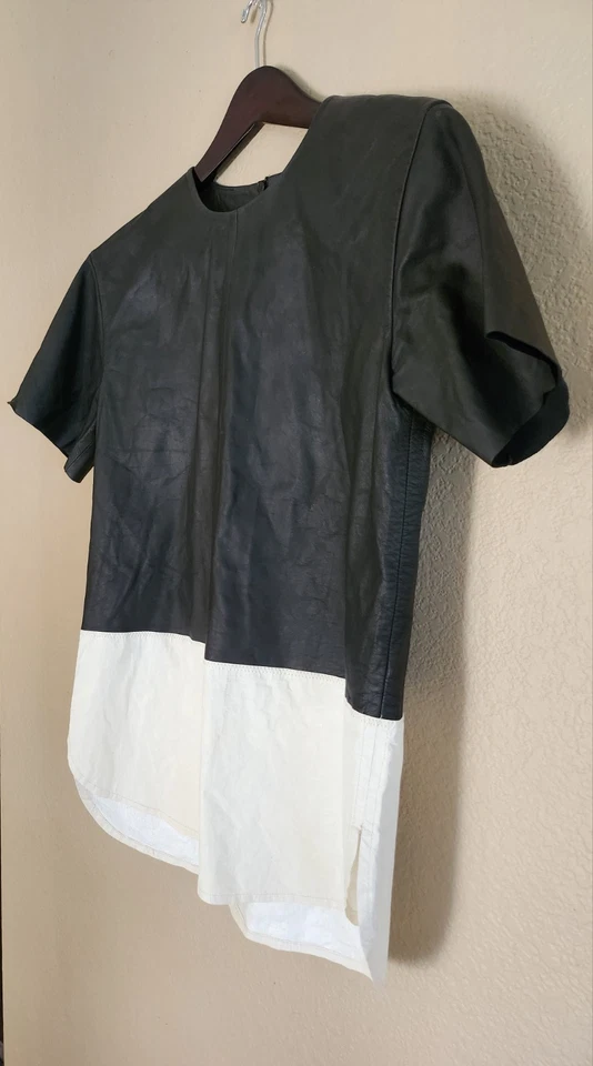 T Alexander Wang Camisa de Cuero Camiseta Túnica Blusa Cremallera Trasera Negro Blanco Talla 6 Foto 3 de 4