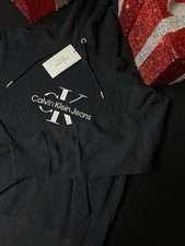 Image of Calvin Klein Man Hoodie Navi Blue Medium Big Logo Print on the Chest