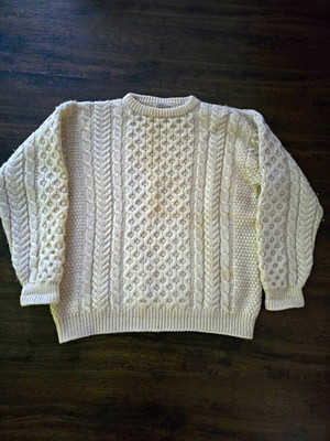 L.L.Bean Men's Heavyweight Cable-Knit Wool Crewneck Pullover Sweater Ivory L