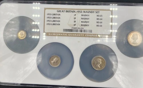 Great Britain Maundy  silver  4 coin set,  1953 Queen Elizabeth II. NGC graded