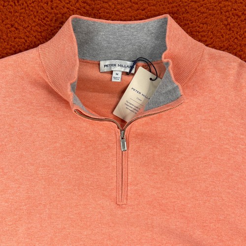 PETER MILLAR Men MEDIUM Crest Quarter Zip Pullover Peach Orange Cotton Silk $185 - Picture 2 of 8