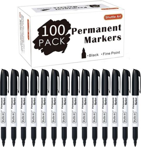 Long-Lasting Black Permanent Marker Set - 100 Quick-Drying Fine Point Pens