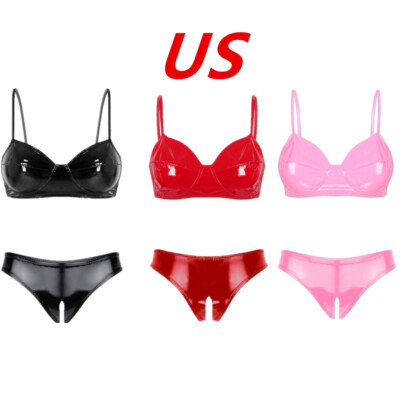 Women's Faux Leather Bra Thong Set 2 Pieces Push-Up Lingerie Clubwear Outfits
