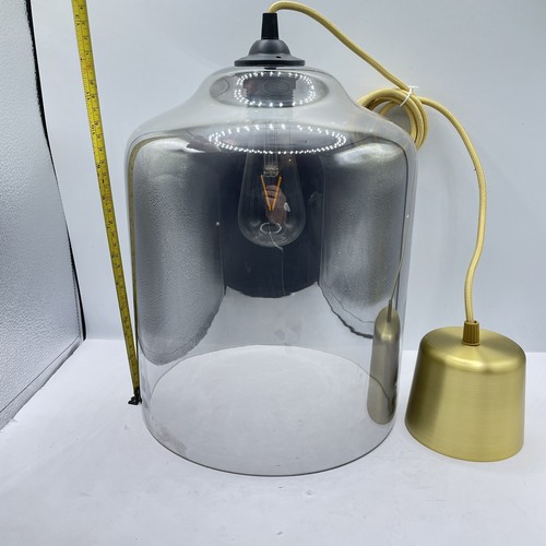 LARGE Glass Pendant Shade 31cm x 25cm IKEA Avery Smoky Grey Bell with Bulb - Picture 10 of 12