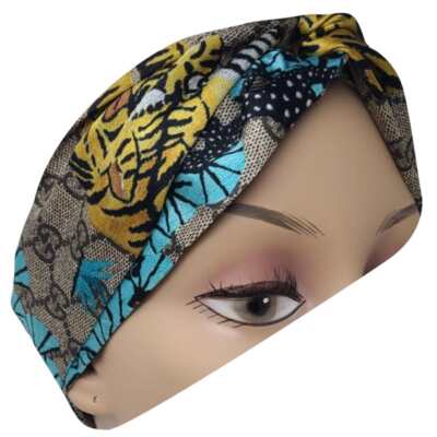 Gucci Beige blue supreme GG Monogram silk headband M sz 