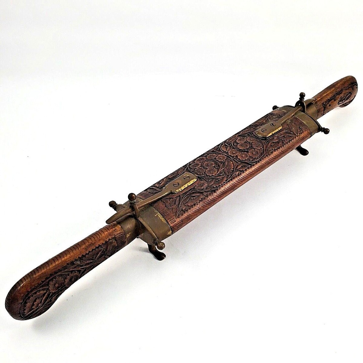 Vintage East India Knife & Fork Carving Set Brass Accents Carved