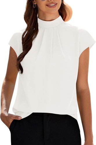 Womens Summer Tops Mock Neck Short Cap Sleeve Blouses Casual Work Chiffon Shirts