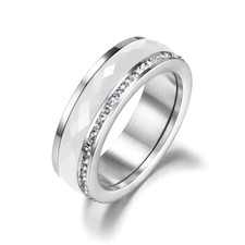 Luxus Ring Keramik Edelstahl Zirkonia Kristalle  6 mm Weiß Silber Größenauswahl