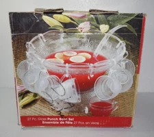 Bali 27pc Glass Salad Punch Bowl Set 12 Cups Hooks Base Bowl Ladle