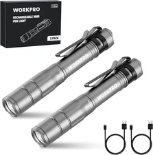 WORKPRO Rechargeable Pen Light, Mini Flashligh 2 Pack Pocket Flashlight w/Clip