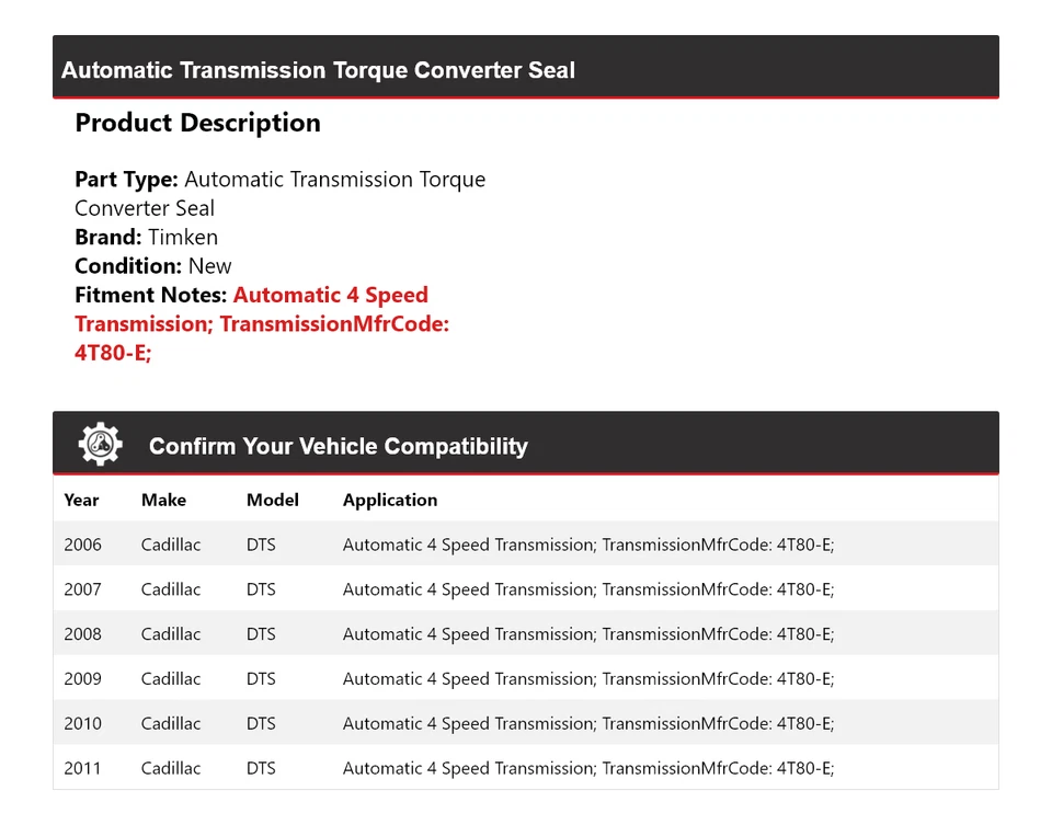 Vedação conversor de torque transmissão automática Cadillac DTS para 2006-2011 Timken - Imagem 2 de 4