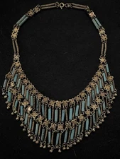 Vtg Haskell? Egyptian Revival Book Chain Dangle Bib Necklace w/Turquoise Beads