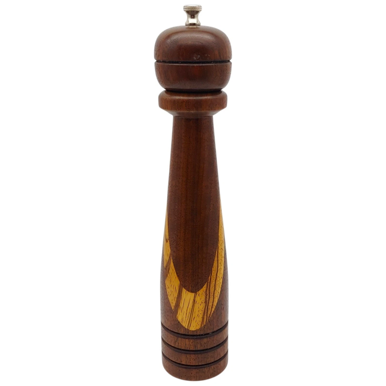 Handmade Solid Wood Pepper Mill Grinder - 12" Tall Light Dark Brown Two Tone