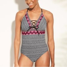 Kona Sol Floral Tribal Lace Up Front One Piece Swimsuit Size L