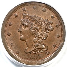 1857 PCGS MS 63 BN Clipped Braided Hair Half Cent Coin 1/2c