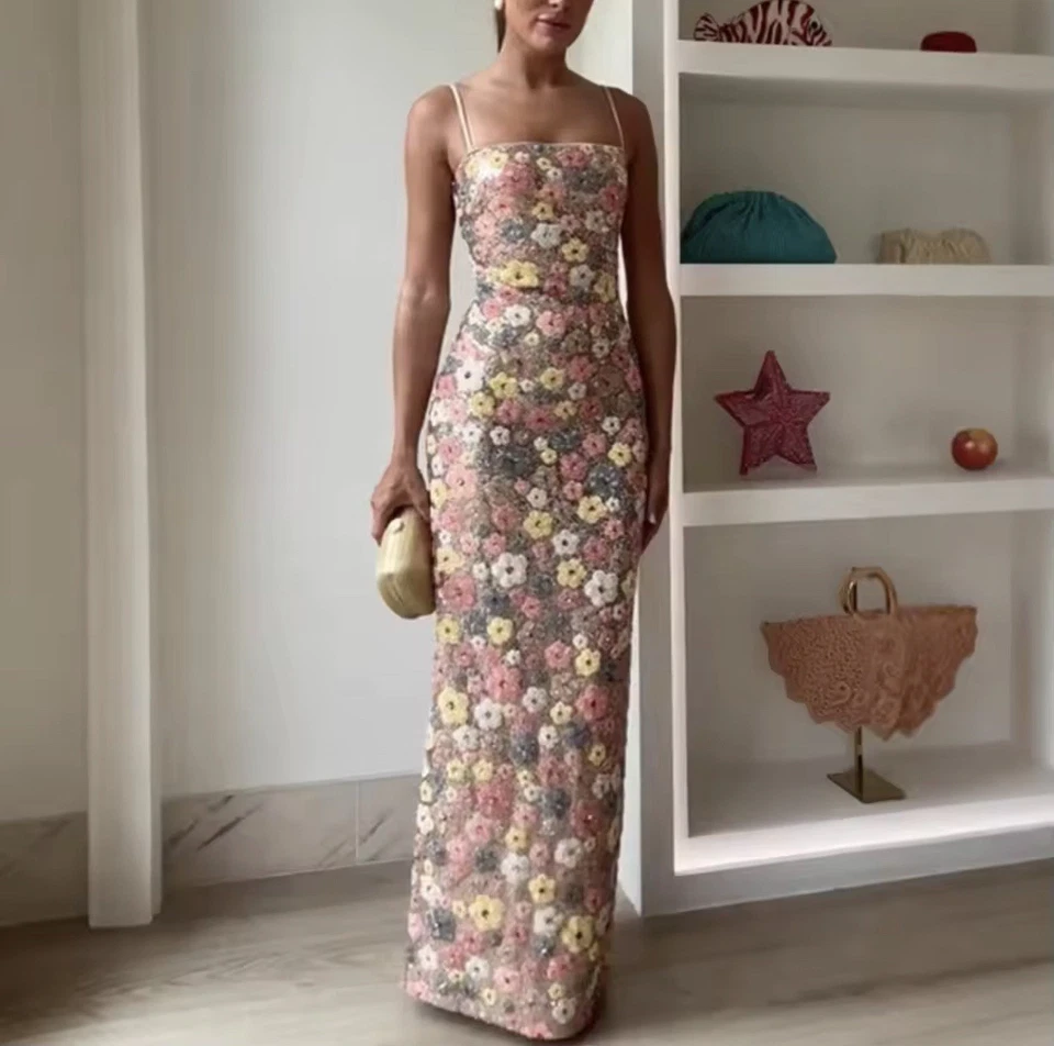 Vestido longo bege floral lantejoulas, convidado de casamento - Tamanho G (Reino Unido 12/14) - Imagem 2 de 4