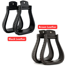 Western Laced Horse Saddle Stirrups Leather Covered Cowhide Black 5.9" Wide Pair