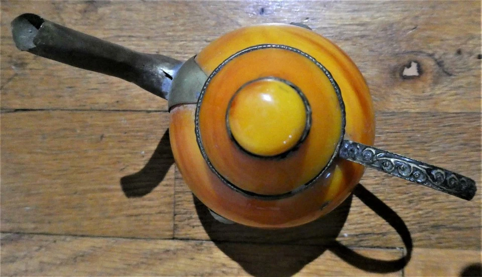 Vintage-Brass & Orange Slag Glass Teapot Lidded Stash-Trinket Box - Image 3 of 4