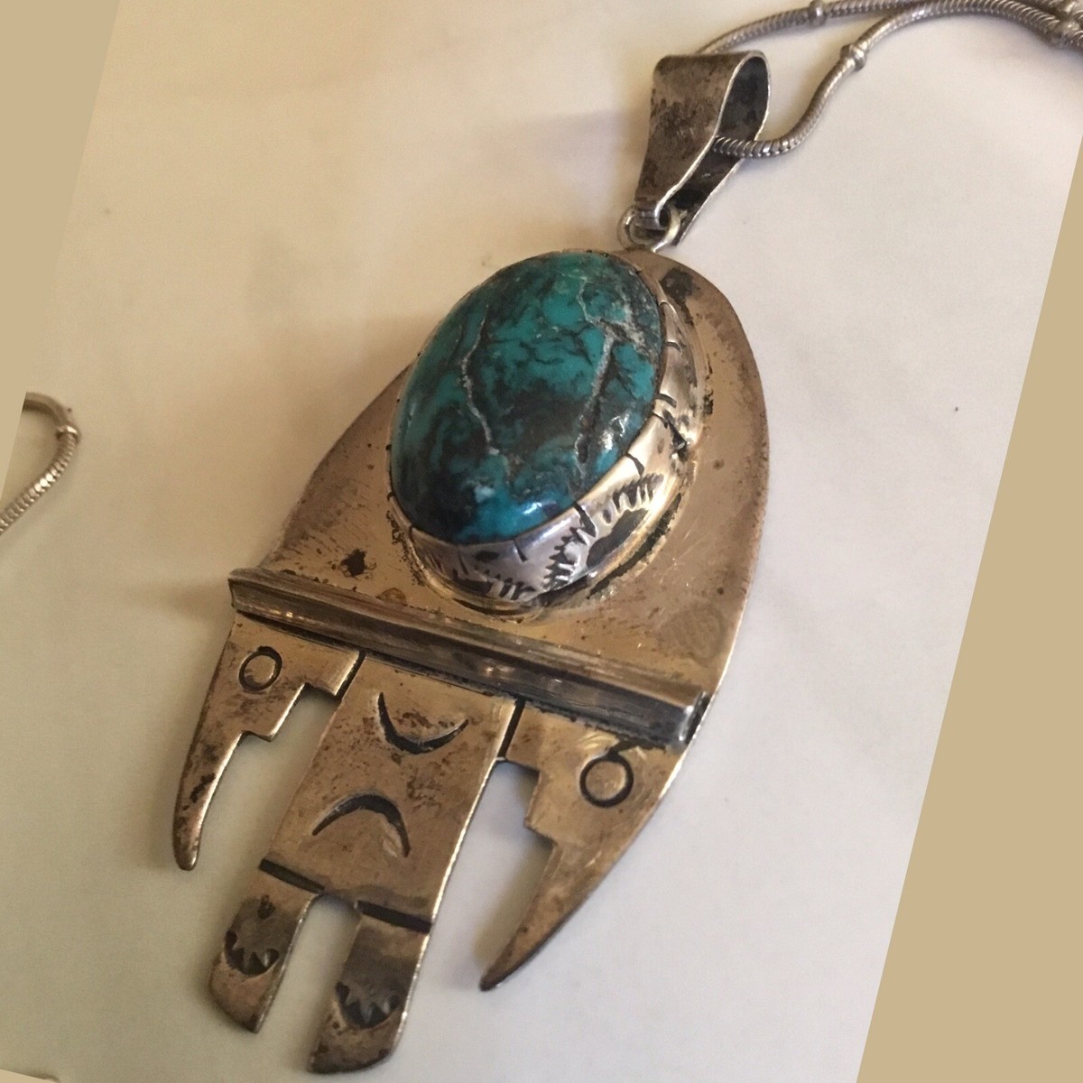 RARE VTG NAVAJO L. SHEKA TURQUOISE STERLING PENDANT NECKLACE W