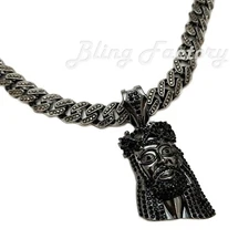 Iced Black Large Jesus Head Pendant & 16" ~ 24" Full Iced Cuban Chain Necklace