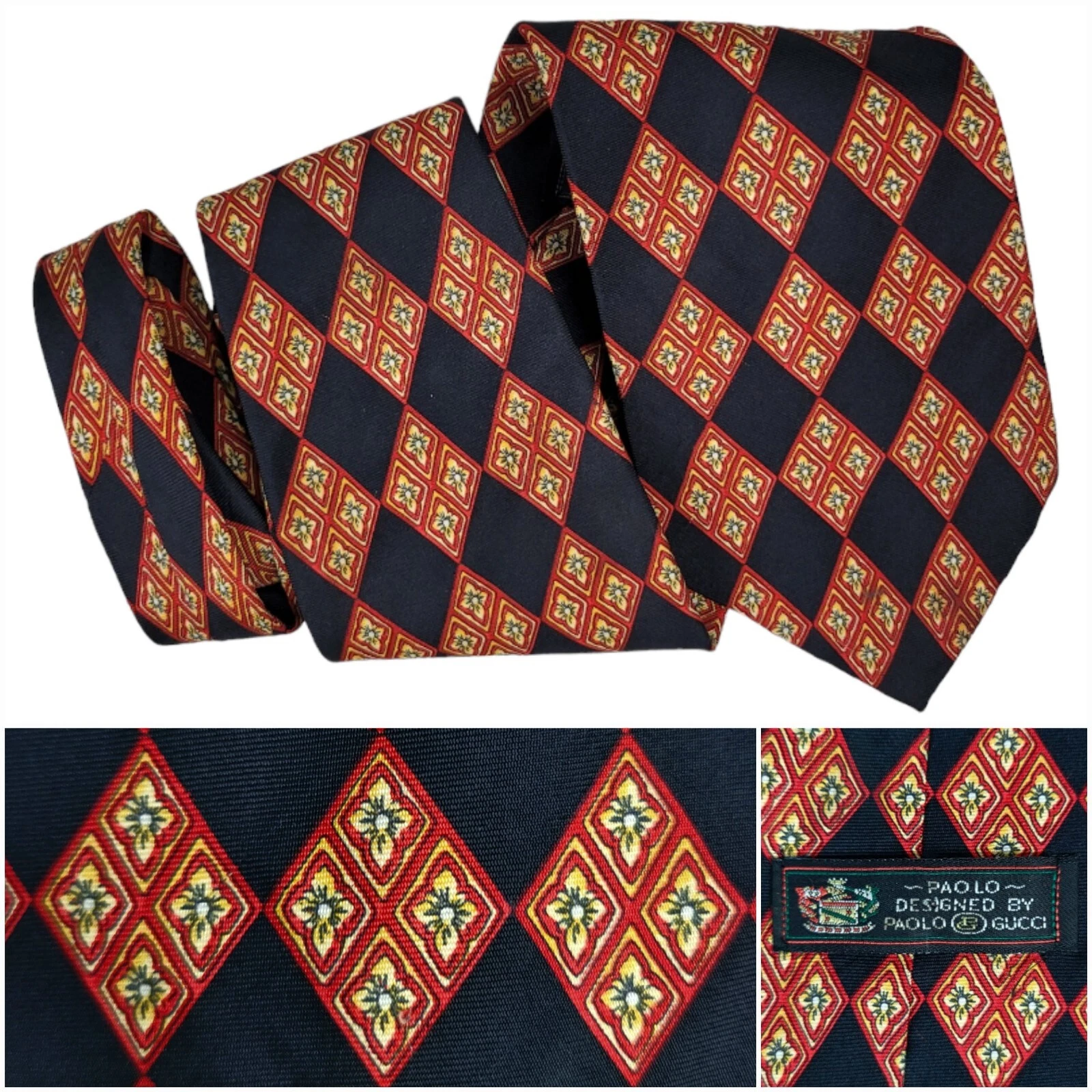 Gucci Cravate Homme Noir Rouge Or Diamant Floral Ancienne Madder Soie Cravate Classique