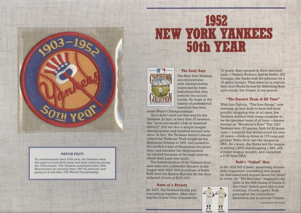 1952 New York Yankees 50th Year Cooperstown Collection 4 inch Replica Patch 1994 - Image 2 of 3