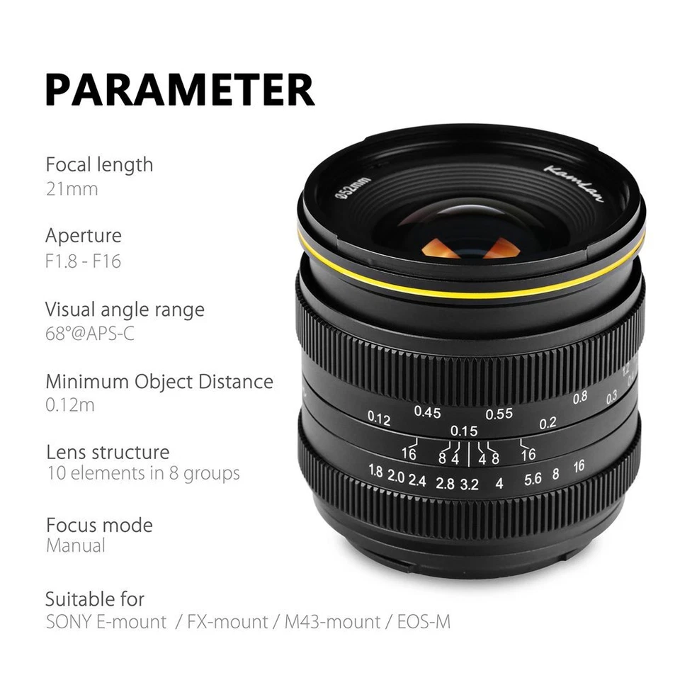 US KamLan 21mm F1.8 Wide Angle APS-C Manual Focus Lens for Fuji FX Mount Camera - Image 3 of 4